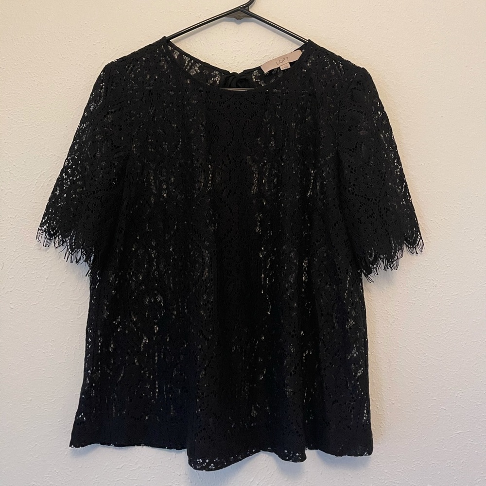 Loft Sheer Lacy Top with Flowy Sleeves & Tie Back